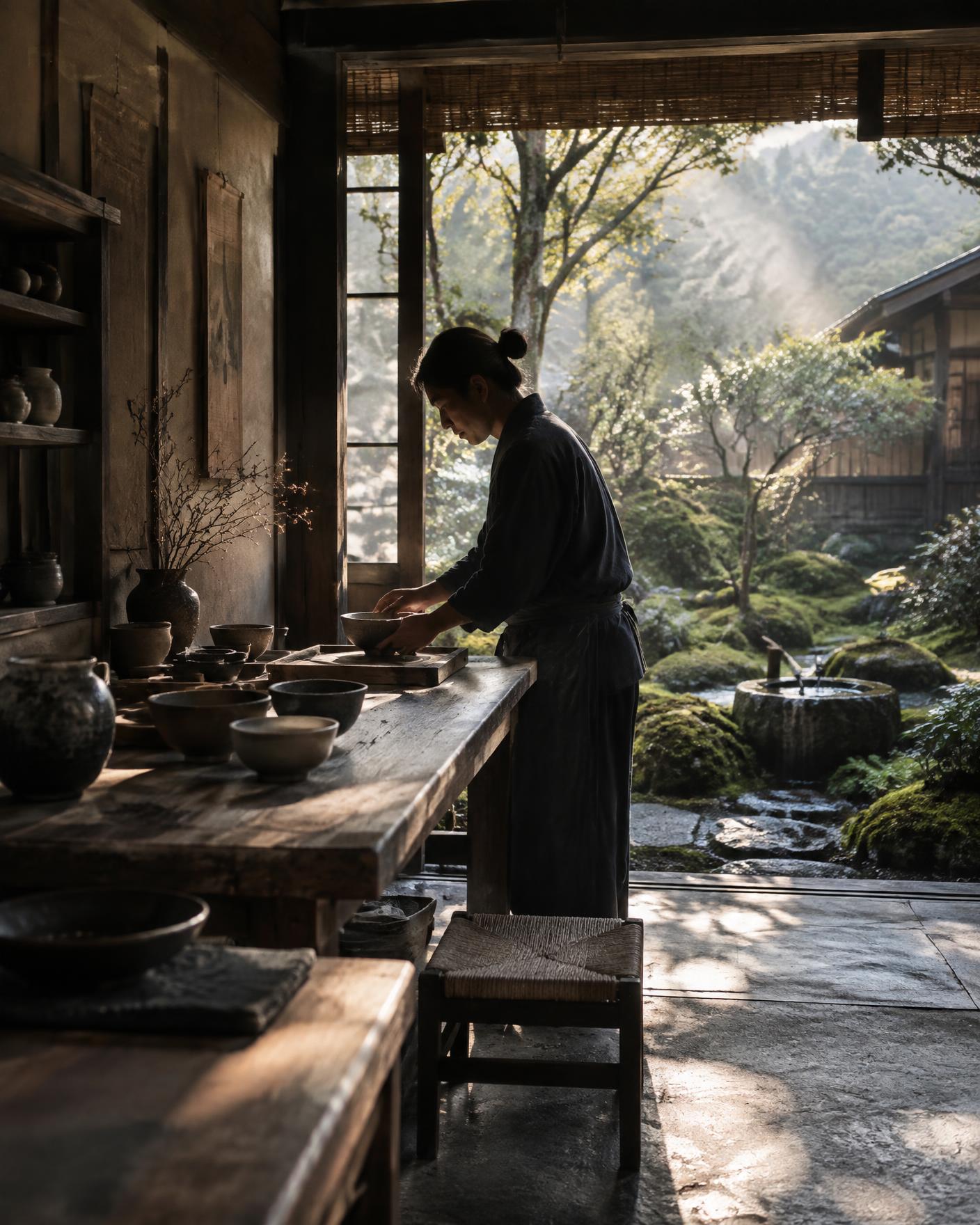 A Japanese ceramicist working beside a quiet garden