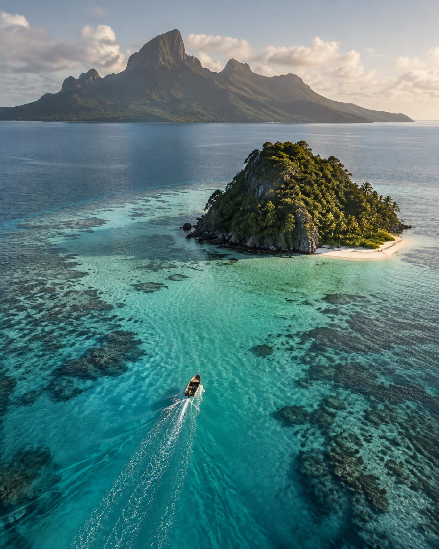 A solitary boat approaching a remote island lagoon
