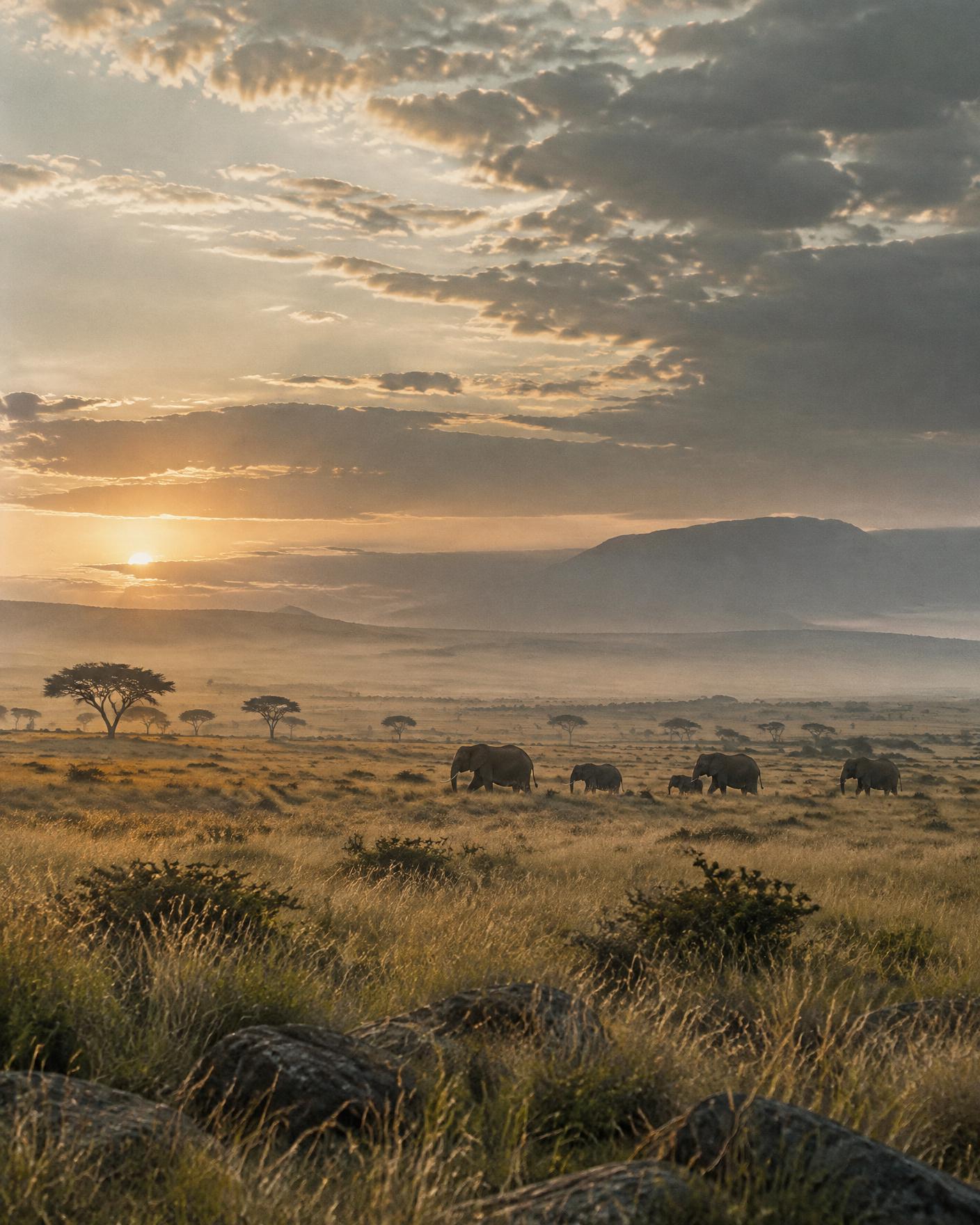 Elephants crossing a vast African landscape at sunrise